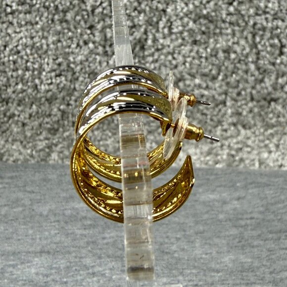 Gold Silver-Tone Cuff Bracelet Hoop Earrings Textured Design Jewelry Set - Picture 6 of 16